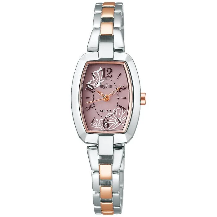 Orologio solare Alba Angeine Accessory Style AHJD423 da donna con quadrante rosa e cinturino in metallo dorato o argentato
