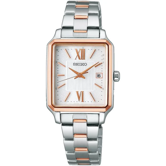 Orologio da donna Seiko Selection Serie S SWFH140 a energia solare e radiocontrollato, con 3 lancette, quadrante quadrato bianco e cinturino in metallo.