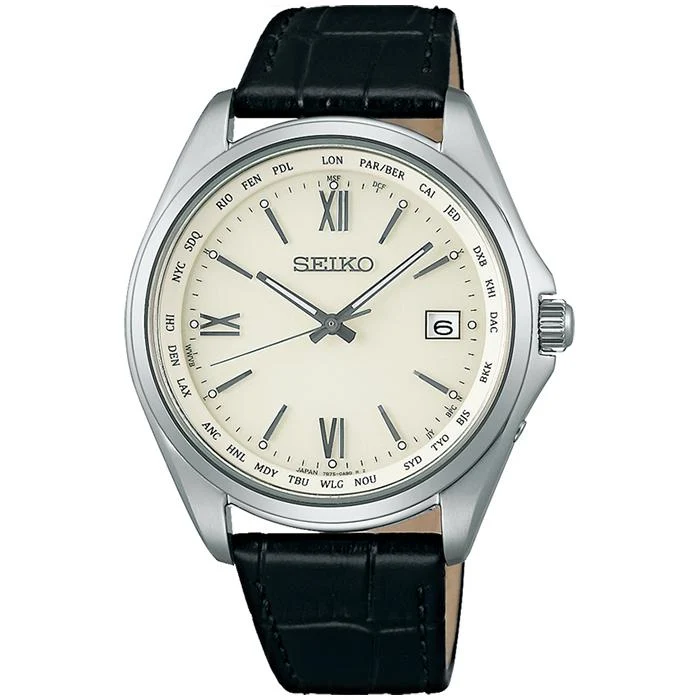 Seiko Selection SBTM295 Orologio da uomo radiocontrollato ad energia solare con funzione ora mondiale, cinturino in pelle, calendario con data, bianco e nero