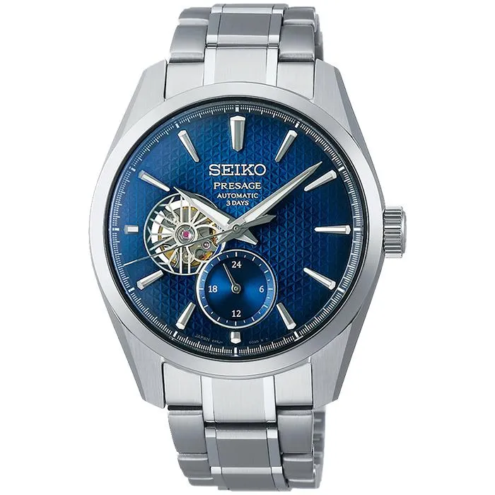Orologio meccanico da uomo Seiko Presage Sharp Edged 3-Day Watch SARJ003 con quadrante con motivo a foglia di canapa e design a cuore aperto in ferro indaco
