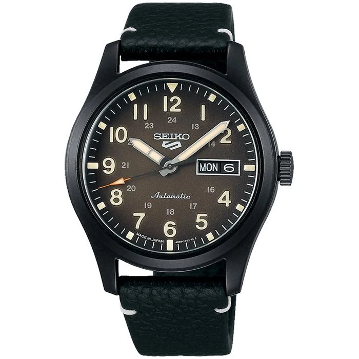 Orologio meccanico da uomo Seiko 5 Sports FIELD SPECIALIST STYLE SBSA121 con cinturino in pelle, nero