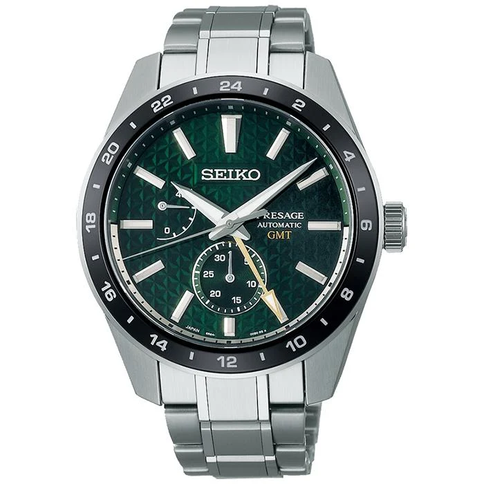 Orologio meccanico da uomo Seiko Presage Sharp Edged Series GMT SARF003 con quadrante con motivo a foglia di canapa, verde, esclusivo