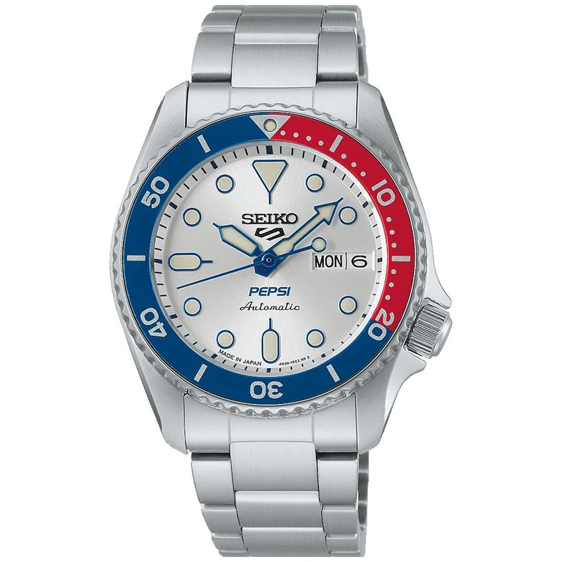 Orologio automatico da uomo Seiko 5 Sports SKX Pepsi Collaboration Limited Edition con logo anni '90 SBSA319, bianco e argento