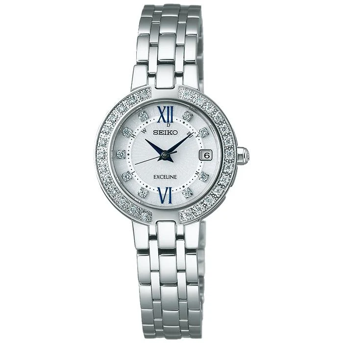 Orologio da donna Seiko Dolce & Exceline Exceline Solar Radiocontrollato SWCW083 con quadrante bianco e diamanti