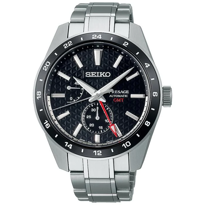 Orologio meccanico da uomo Seiko Presage Sharp Edged Series GMT SARF005 con quadrante a motivo foglia di canapa, nero, esclusivo