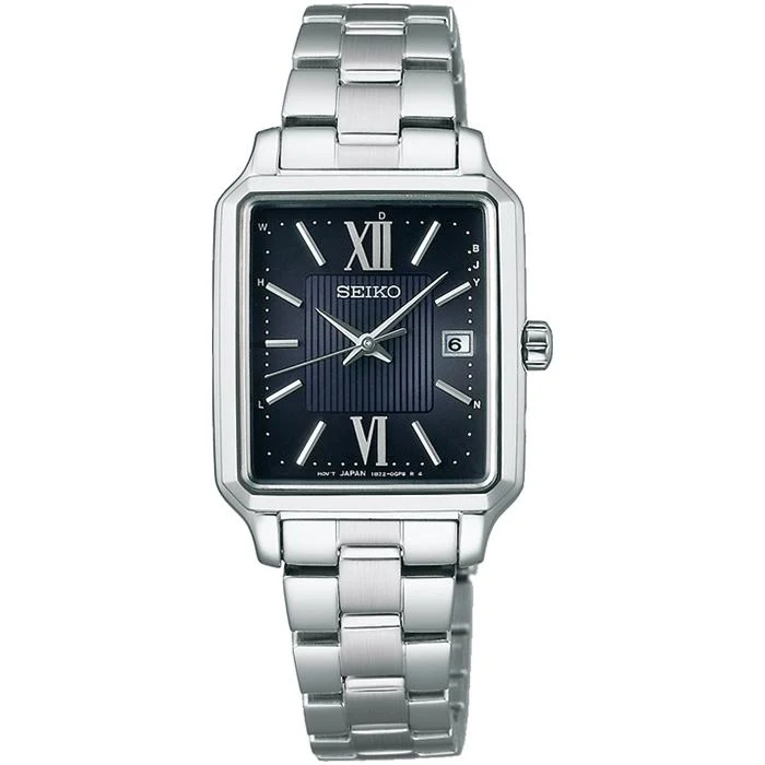 Orologio da donna Seiko Selection Serie S SWFH139 a energia solare e radiocontrollato, con tre lancette, quadrante quadrato nero e cinturino in metallo.