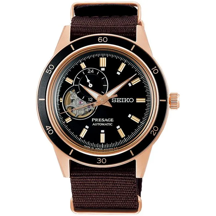 Orologio da uomo Seiko Presage Style 60's SARY192, meccanico automatico, con design a vista e cinturino in nylon marrone.