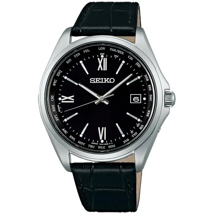 Seiko Selection SBTM297 Orologio da uomo radiocontrollato ad energia solare con funzione ora mondiale, cinturino in pelle e calendario con data, nero