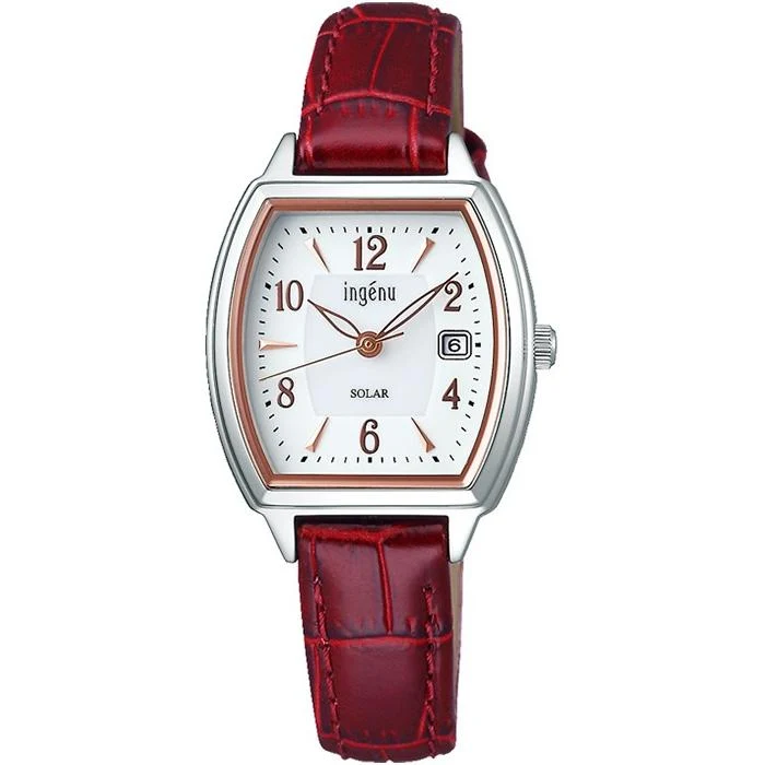 Orologio da donna Alba Angenie Starting Solar, cinturino in pelle a forma di tonneau, argento/rosso, datario, AHJD413