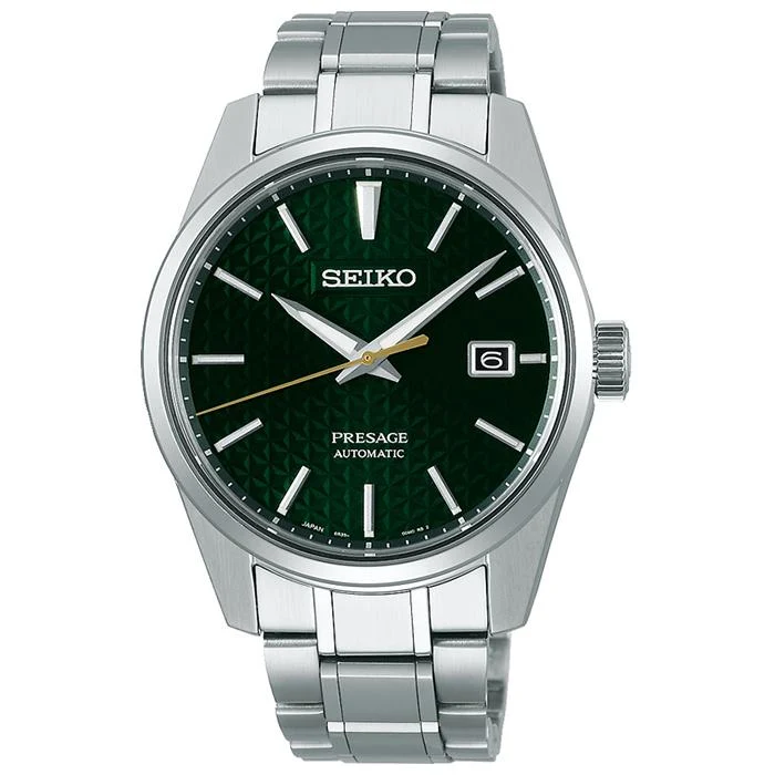 Orologio da uomo Seiko Presage Sharp Edged Series SARX079, meccanico automatico, con cinturino in metallo con motivo a foglia di canapa, colore verde.