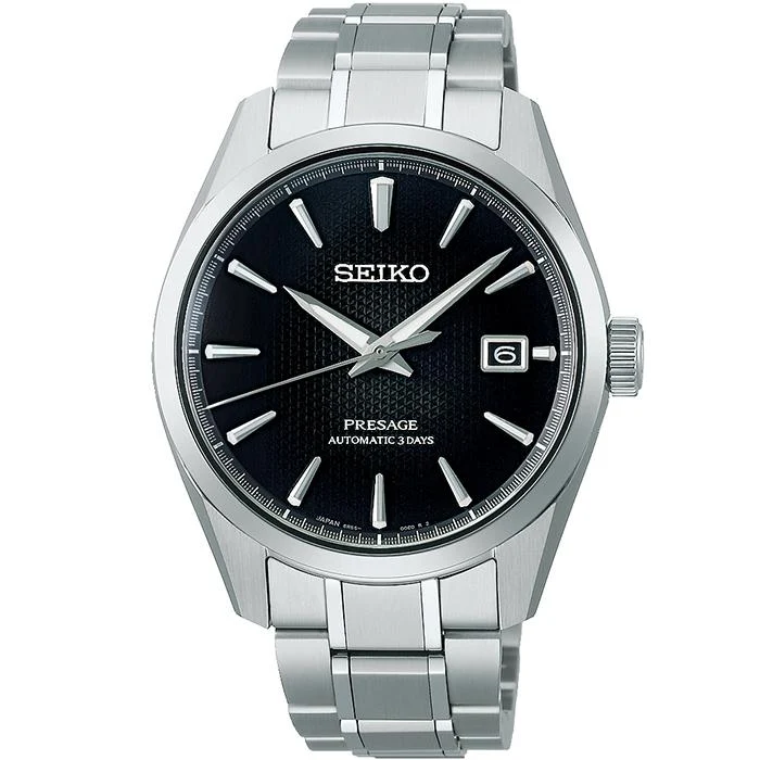 Orologio meccanico da uomo Seiko Presage Sharp Edged 3-Day Titanium SARX117 con quadrante a motivo foglia di canapa e inchiostro blu
