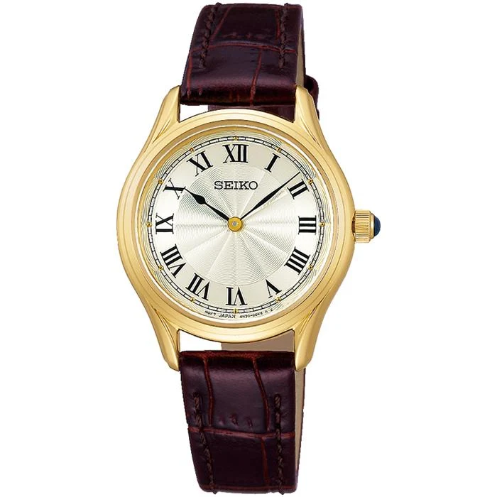 Orologio da donna al quarzo SEIKO SELECTION nano・universe Collaboration Model SSEH014 JDM con quadrante argentato e cinturino in pelle marrone.