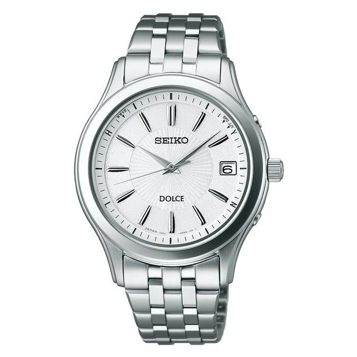 Orologio da uomo Seiko Dolce & Exceline, solare, radiocontrollato, bianco, resistente all'acqua fino a 10 ATM, SADZ123
