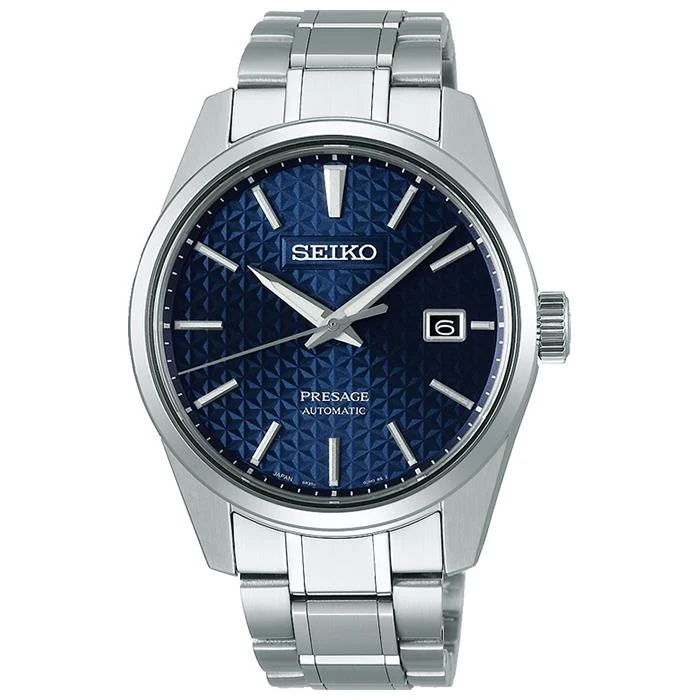 Orologio da uomo automatico meccanico Seiko Presage Sharp Edged Series SARX077 con cinturino in metallo e motivo a foglia di canapa, blu