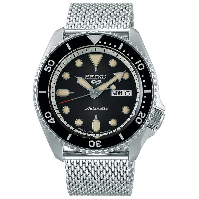 Orologio meccanico automatico da uomo Seiko 5 Sports Suit SBSA017 con cinturino in maglia nera