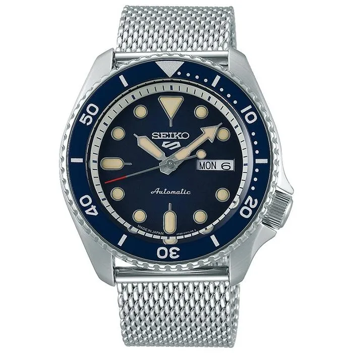 Orologio da uomo Seiko 5 Sports Suit SBSA015, meccanico automatico, blu navy con cinturino a maglia.
