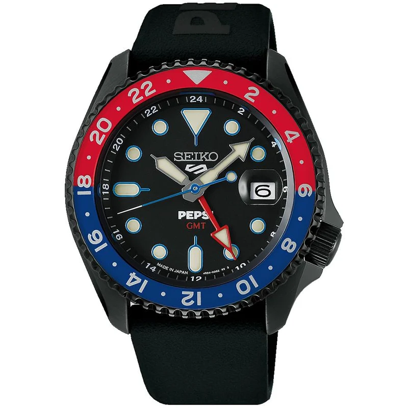 Orologio automatico GMT da uomo Seiko 5 Sports SKX Pepsi Collaboration, modello in edizione limitata con nuovo logo (SBSC023), nero