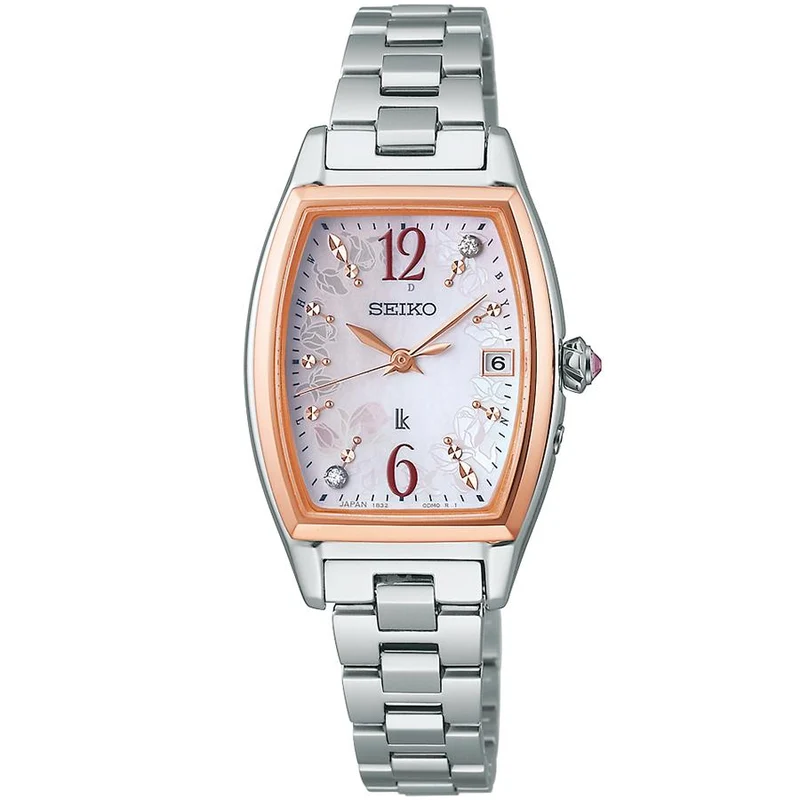 Orologio da donna Seiko Lukia Grow FEILER Collaboration Limited Edition Rear Rose Petite SSQW090 con movimento a energia solare e movimento tonneau.