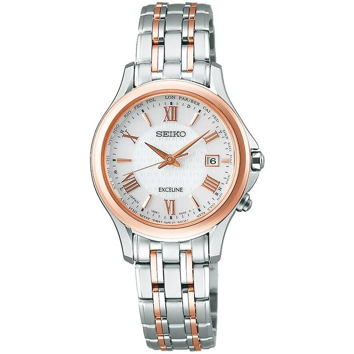 Coppia di orologi radiocontrollati a energia solare Seiko Dolce & Exceline SWCW162 da donna, bianco/oro rosa