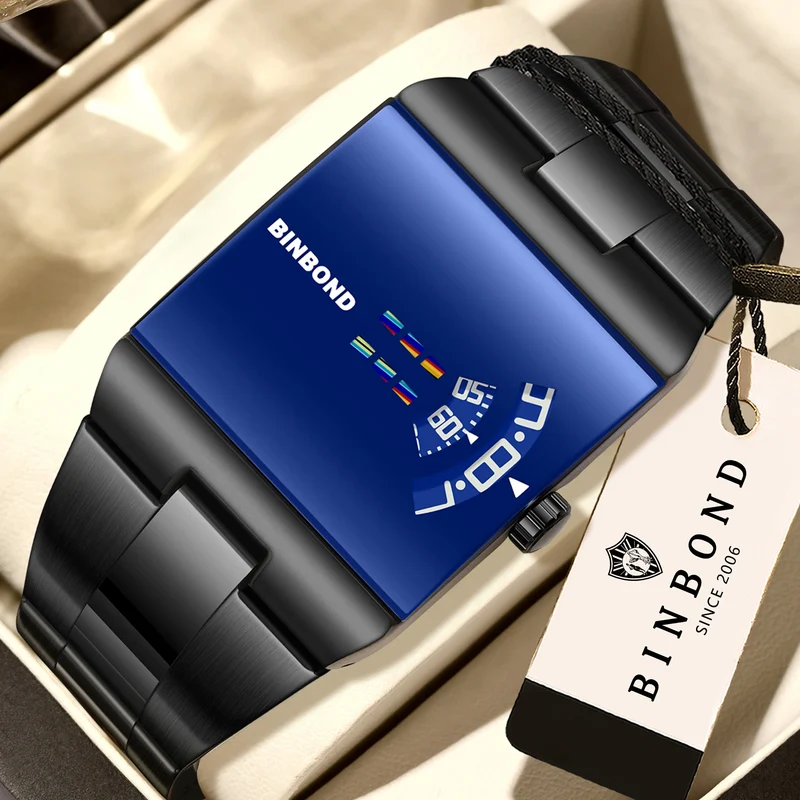 BINBOND Luxury Square Quartz Watch – Waterproof Stainless Steel Sport Wristwatch