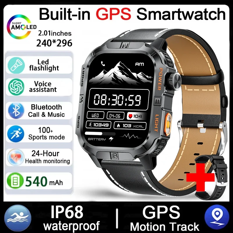 GPS Smartwatch for Men with Bluetooth Calling, LED Flashlight, Compass & IP68 Waterproof