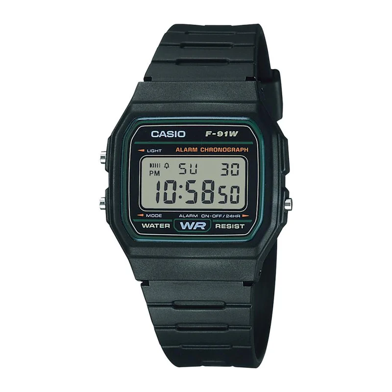 Orologio digitale da uomo CASIO COLLECTION STANDARD F-91W-3JH JDM con dettagli verdi.