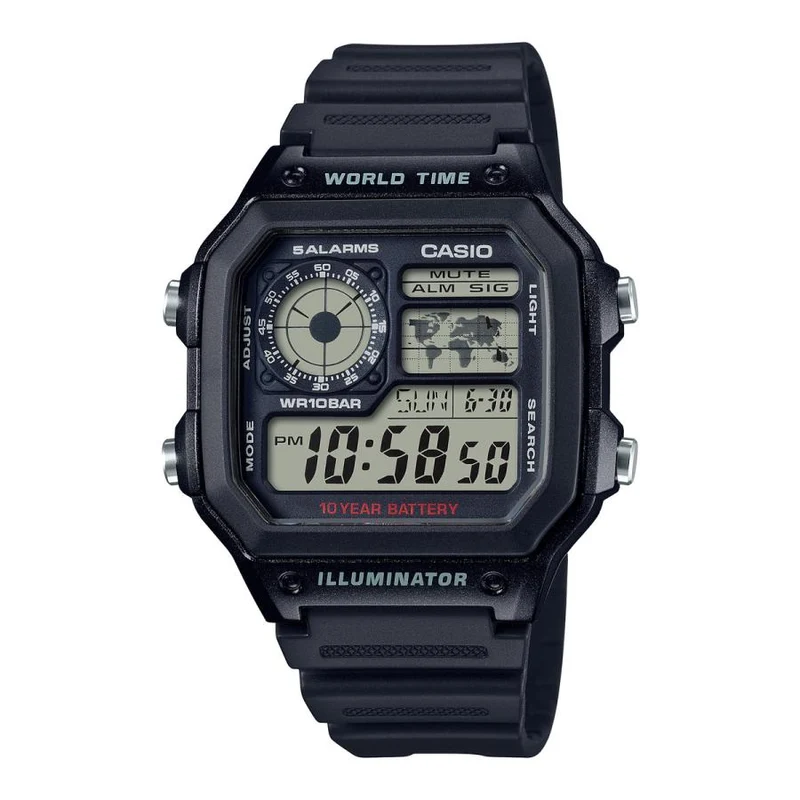 Orologio da uomo CASIO COLLECTION STANDARD AE-1200WH-1AJH JDM nero con funzione digitale e ora mondiale.