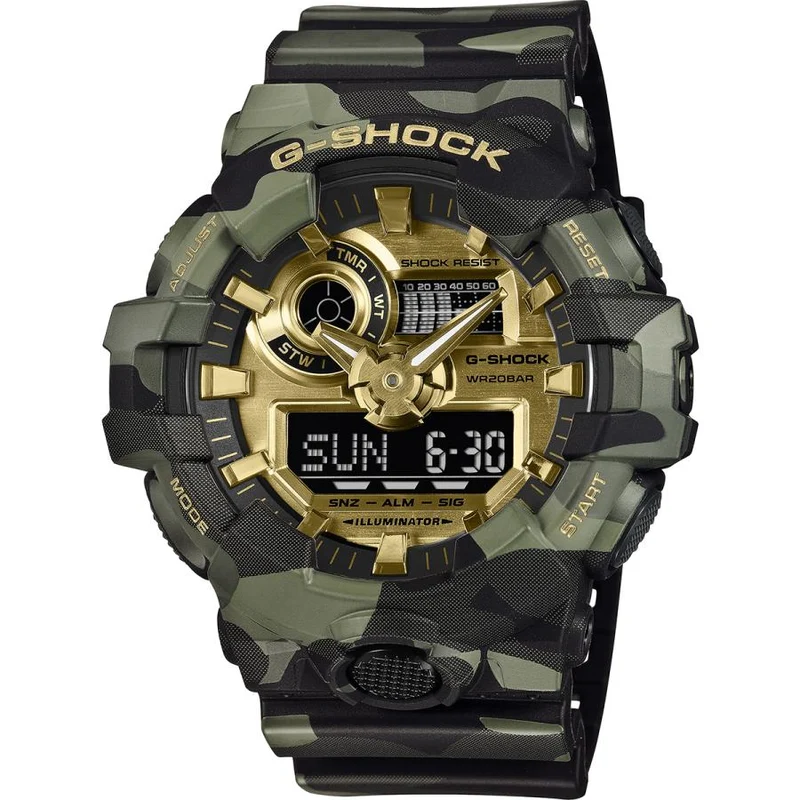 CASIO G-SHOCK GA-700CMG-3AJF JDM Bold Camo Orologio da uomo con cassa grande mimetica e oro, display analogico-digitale negativo