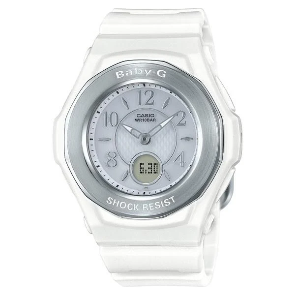 Orologio solare radiocontrollato CASIO BABY-G BGA-1050-7BJF, bianco, con pannello solare a dispersione di luce e funzione ora mondiale.