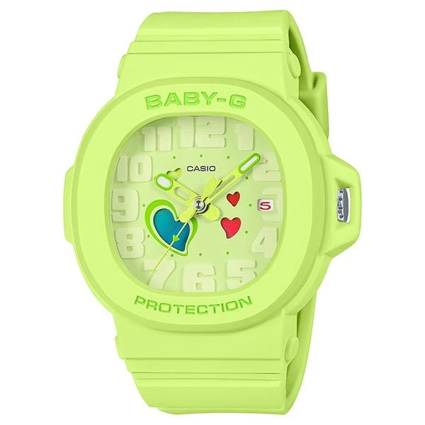 Orologio analogico da donna CASIO BABY-G BGA-10-3AJF JDM Playful Hearts Series con quadrante Swing Heart, verde lime e giallo.