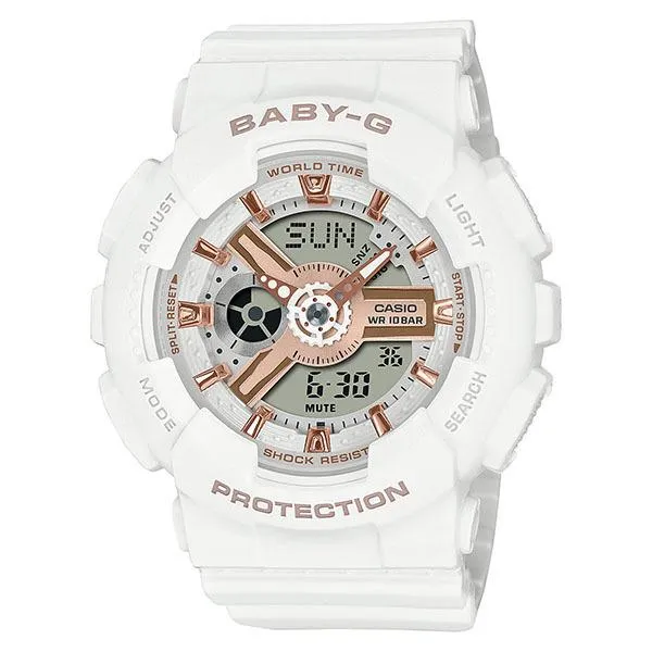 Orologio da donna CASIO Baby-G BA-110 con lunetta grande e quadrante bianco, modello BA-110XRG-7AJF.