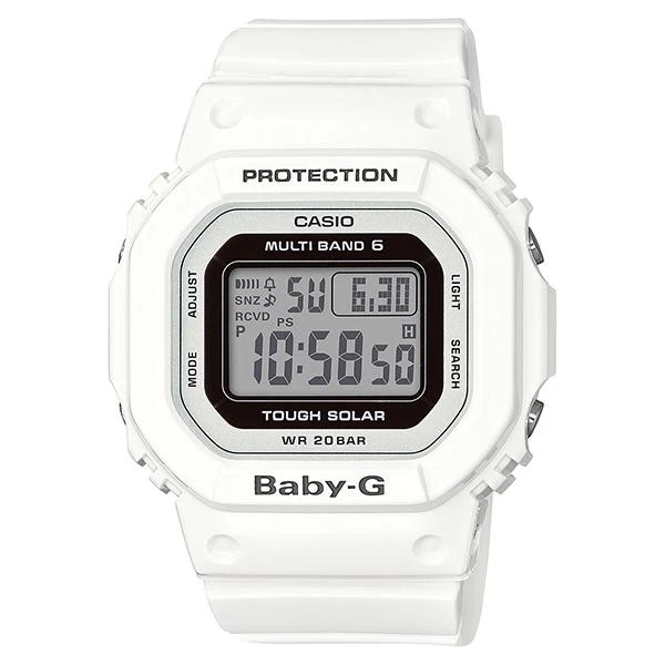 Orologio digitale da donna CASIO Baby-G radiocontrollato a energia solare, colore bianco, modello BGD-5000U-7JF.