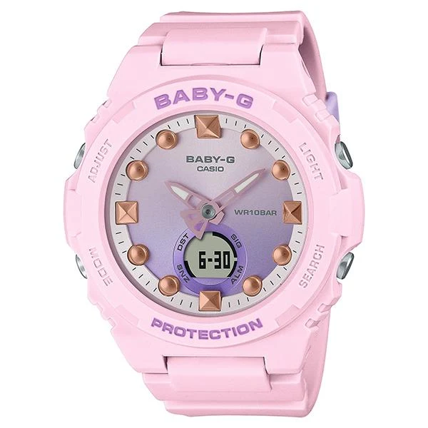 Orologio da donna Baby-G BGA-320-4AJF con design a tema spiaggia e fenicottero rosa.