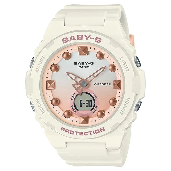 Orologio da donna Baby-G BGA-320-7A1JF con motivo scena di spiaggia, colore bianco sabbia.