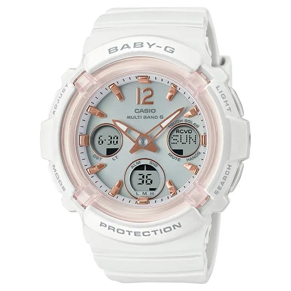 Orologio da donna CASIO Baby-G radiocontrollato a energia solare, bianco, con scheletro, modello BGA-2800-7AJF.