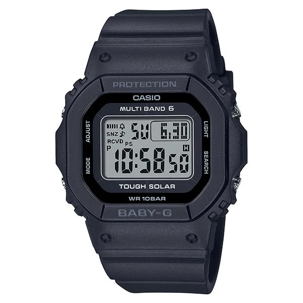 Orologio digitale da donna CASIO Baby-G radiocontrollato a energia solare, nero, modello BGD-5650-1JF.