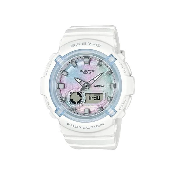 Orologio da donna CASIO BABY-G con cinturino in resina bianco e display analogico-digitale, modello BGA-280-7AJF.