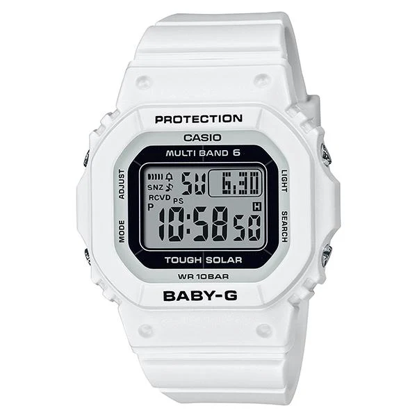 Orologio digitale da donna CASIO Baby-G radiocontrollato a energia solare, colore bianco, modello BGD-5650-7JF.