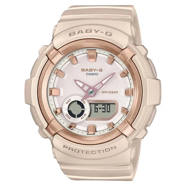 Orologio da donna CASIO Baby-G con dettagli metallici rosa e beige, modello BGA-280BA-4AJF