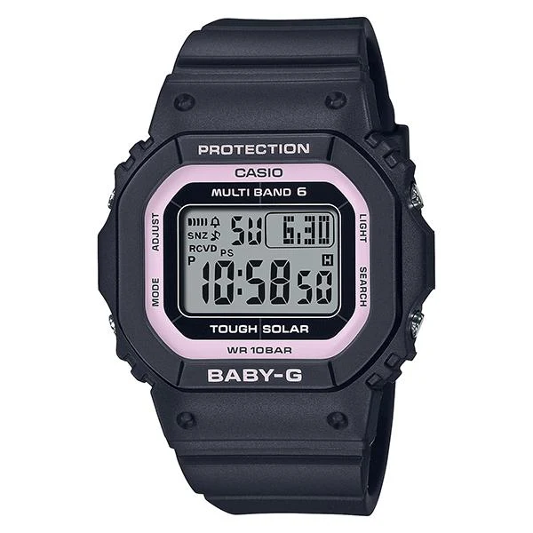 Orologio digitale da donna CASIO Baby-G radiocontrollato a energia solare, nero e rosa, modello BGD-5650-1BJF.