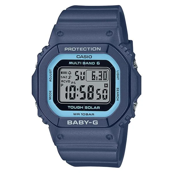 Orologio da donna CASIO Baby-G radiocontrollato, solare e resistente, blu navy, modello BGD-5650-2JF.