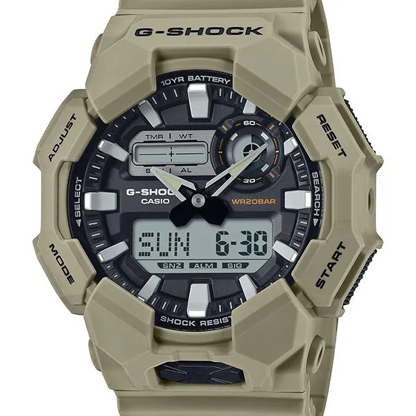Orologio da uomo G-SHOCK CASIO GA-010-5AJF con combinazione digitale-analogica e durata della batteria di circa 10 anni.