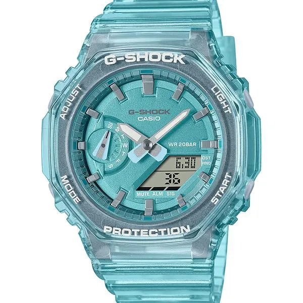 Orologio da uomo CASIO G-SHOCK GMA-S2100SK-2AJF con quadrante scheletrato metallico azzurro.