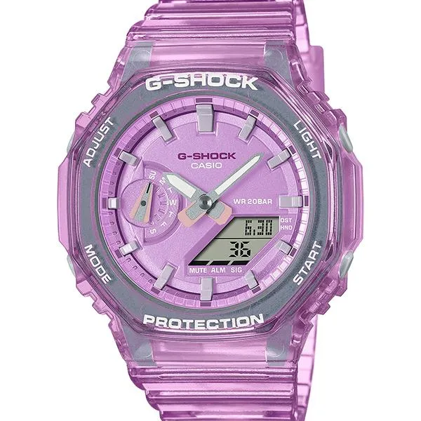 Orologio da uomo CASIO G-SHOCK GMA-S2100SK-4AJF con quadrante scheletrato metallizzato rosa.