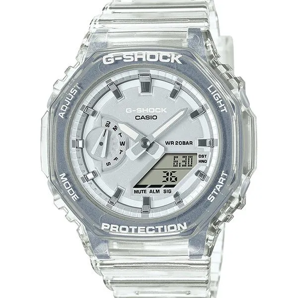 Orologio da uomo CASIO G-SHOCK GMA-S2100SK-7AJF con quadrante scheletrato metallico e trasparente.