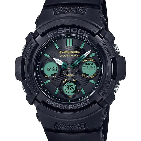 Orologio G-SHOCK CASIO AWG-M100RC-1AJF radiocontrollato a energia solare, colore verde acqua e marrone, da uomo.