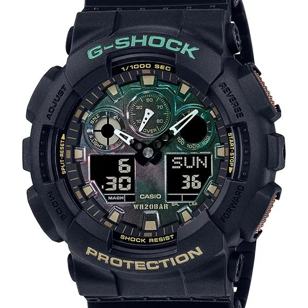 Orologio da uomo G-SHOCK CASIO GA-100RC-1AJF con cassa grande, colore verde acqua e marrone.