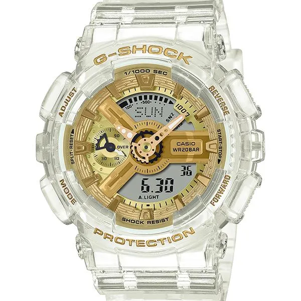 Orologio da uomo G-SHOCK CASIO GMA-S110SG-7AJF con scheletro trasparente color oro.