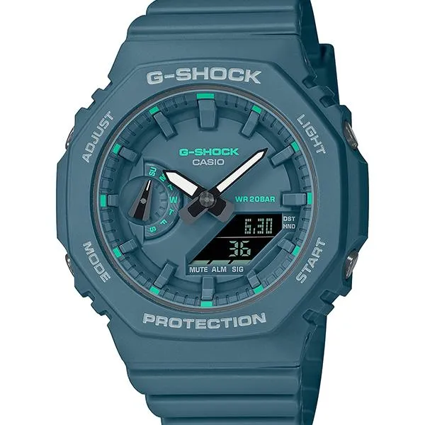 Orologio da uomo G-SHOCK CASIO GMA-S2100GA-3AJF di medie dimensioni con dettagli verdi.