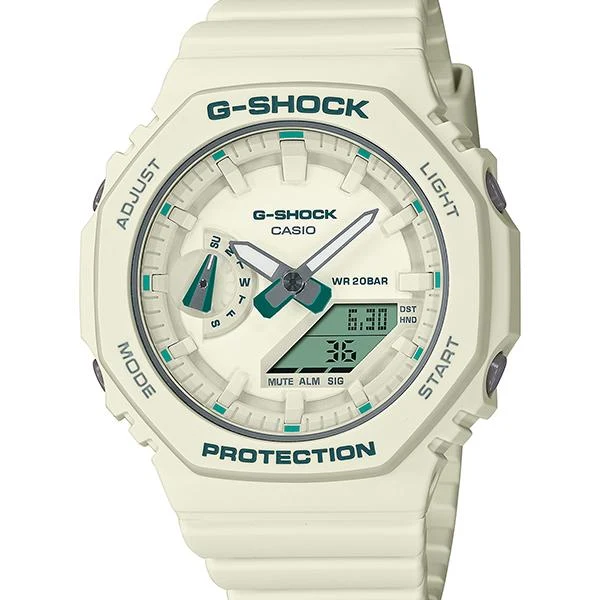 Orologio da uomo G-SHOCK CASIO GMA-S2100GA-7AJF di medie dimensioni con dettagli verdi e quadrante bianco.